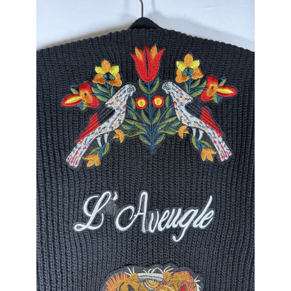 Unique Long Black Embroidered Appliqués Cardigan Sweater Sz M Designer Inspired - Picture 6 of 9
